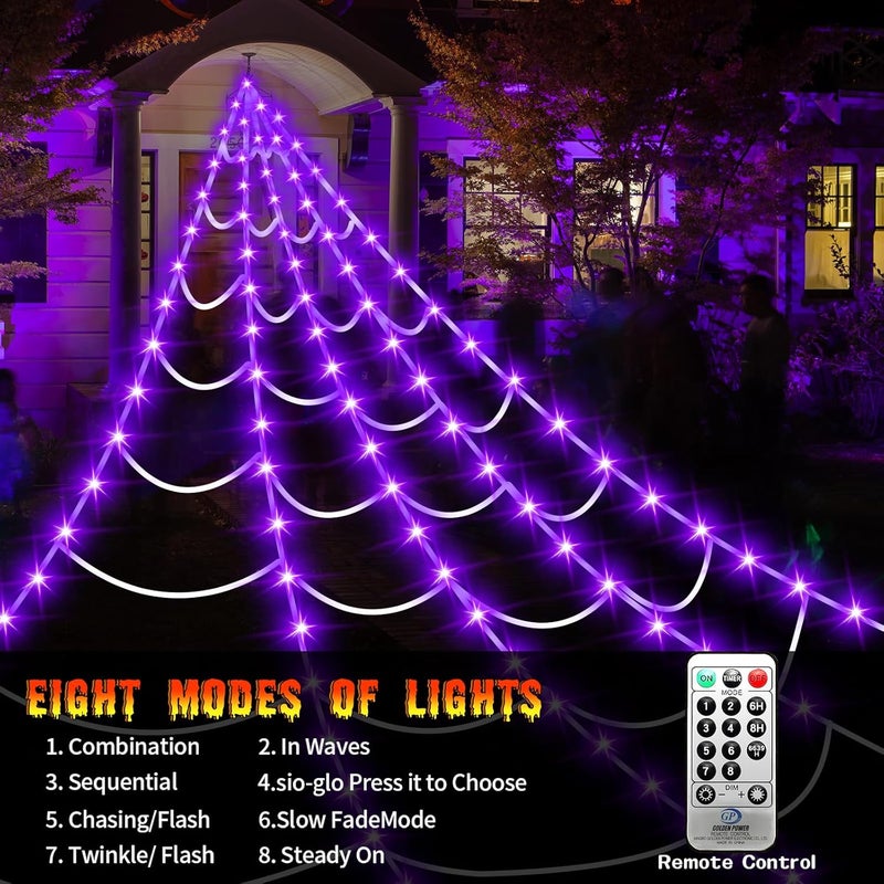 partyMoonet Halloween Decorations Outdoor Spider Web Lights,16.4Ft 220 LED Lighted Spider Web Light up with 8 Modes Waterproof Timer for Yard House Halloween Outdoor Decor Purple Spiderweb - Image 2